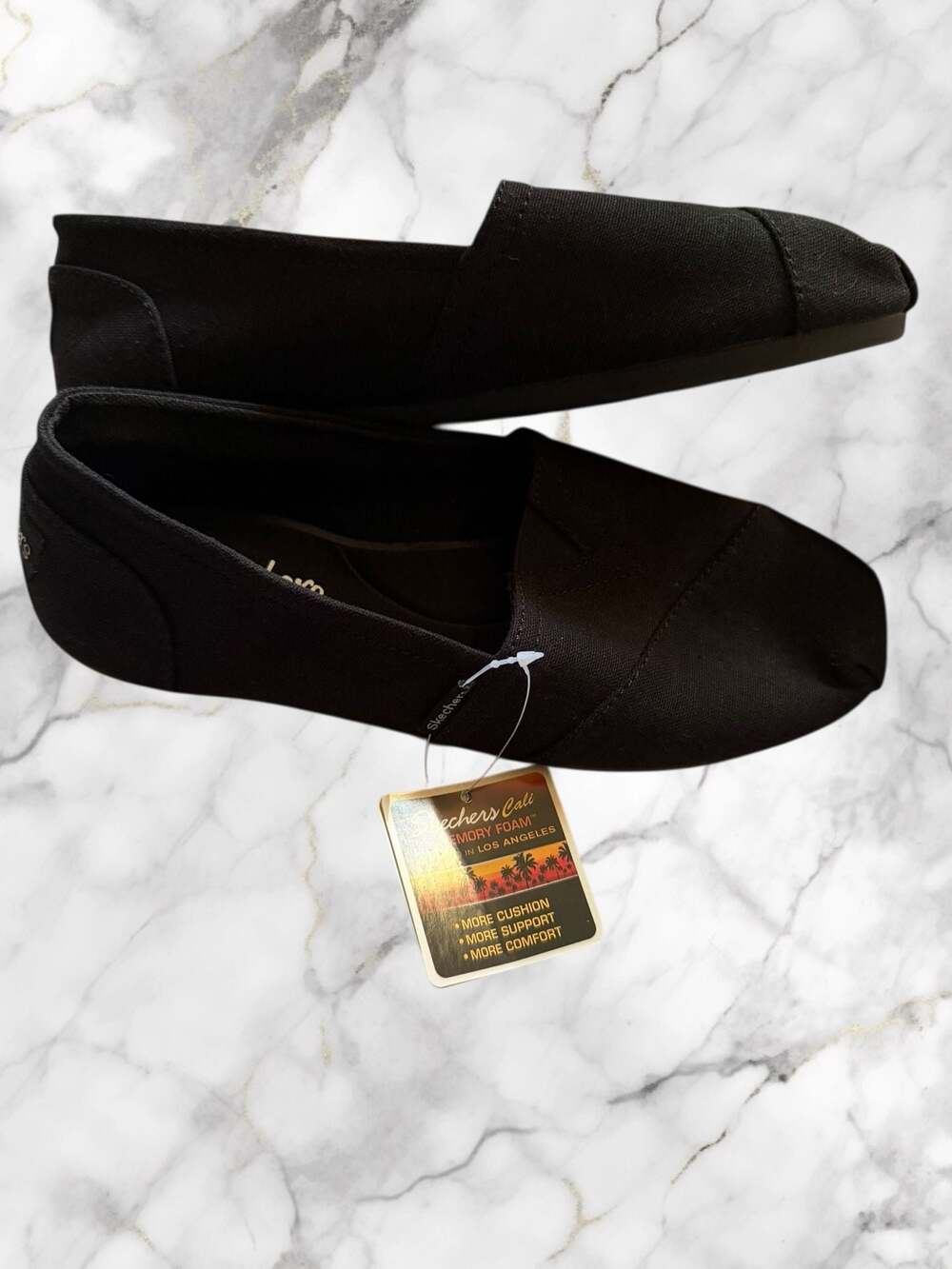 Skechers BOBS Plush Peace and Love Black Canvas Slip-On Flats with Memory Foam